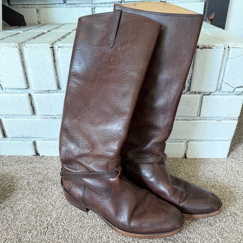 Frye Brown Leather Western Riding Over Calf Low Heeled Boots Women’s 8B